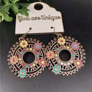 Bohemian Floral Hollow out Flower  Enamel Hoop Earrings